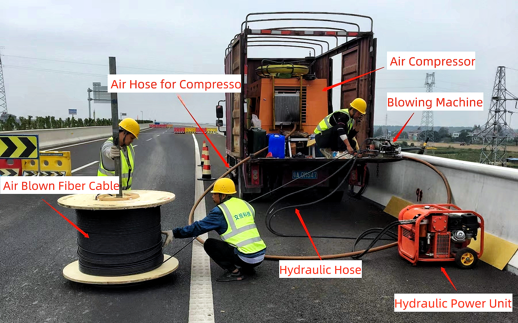 trabajo con cable de fibra soplado con aire