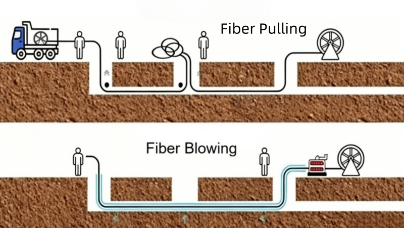 duct fiber optic cable installation methods pulling vs air blowing