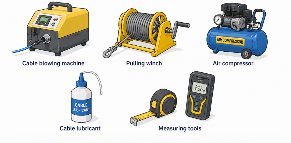 Herramientas utilizadas en instalaciones de cables de fibra óptica en conductos reales
