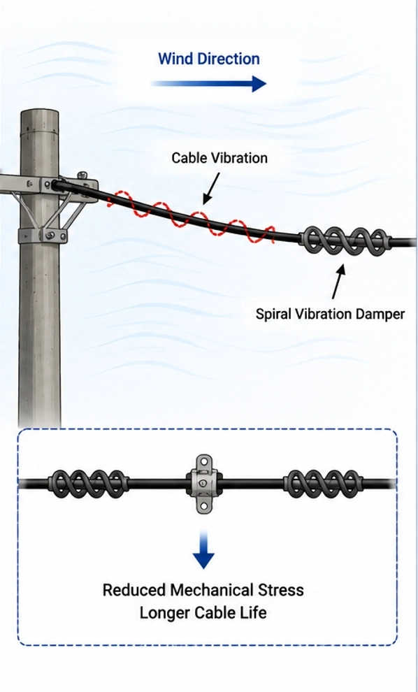 Problemas comunes con el cable de fibra óptica aéreo: ilustración de la vibración del viento