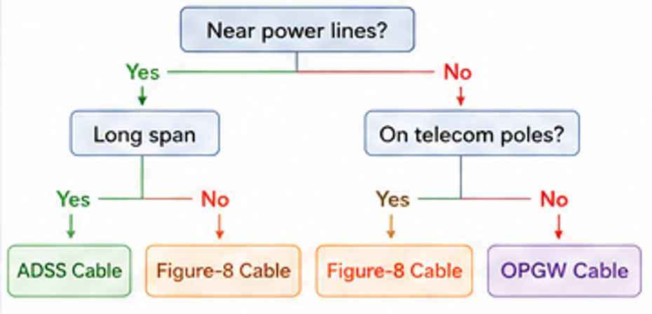 diagrama de flujo para decidir la elección de cable de fibra óptica aérea