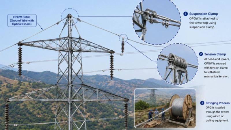 instalación de OPGW en torre de transmisión