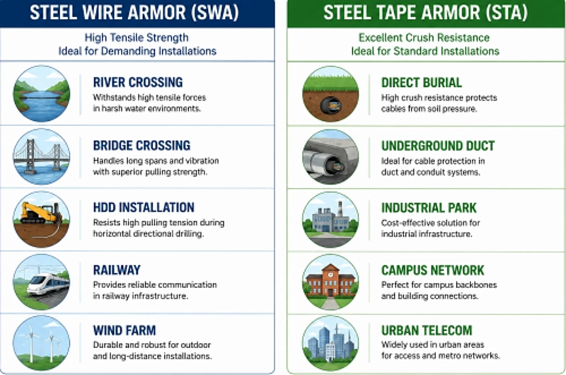 typical applications for swa and sta fiber optic cables